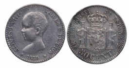 1889*89. Alfonso XIII (1886-1931). Madrid. 50 céntimos. MPM. A&C 27. Ag. 2,47 g. Atractiva. EBC- / MBC+. Est.30.