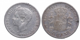 1896*96. Alfonso XIII (1886-1931). Madrid. 50 céntimos. PGV. A&C 44. Ag. 2,50 g. Atractiva. EBC-. Est.30.