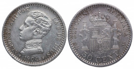 1904*04. Alfonso XIII (1886-1931). Madrid. 50 céntimos. SMV. A&C 46. Ag. 2,50 g. Atractiva. EBC-. Est.30.