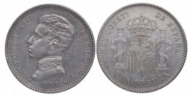 1903*03. Alfonso XIII (1886-1931). Madrid. 1 peseta. SMV. A&C 67. Ag. 5,00 g. Atractiva. EBC / EBC+. Est.50.