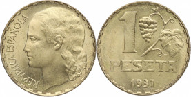 1937. II República (1931-1939). 1 Peseta. A&C 41. Cu-Ln. 4,90 g. EBC+. Est.40.
