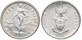 1945-D. Filipinas. 10 Centavos. Ag. 2,04 g. Acuñada en EEUU. SC. Est.50.