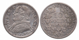 1869 R. Vaticano. 10 Sóldi (50 Cts), . Ag. 2,48 g. EBC+. Est.50.