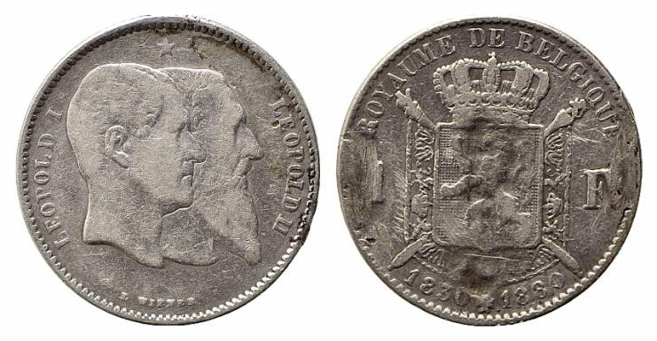 BELGIO. Leopoldo II (1865-1909)1 Franc 1880 raro Ag. KM#38. Da montatura. B/MB