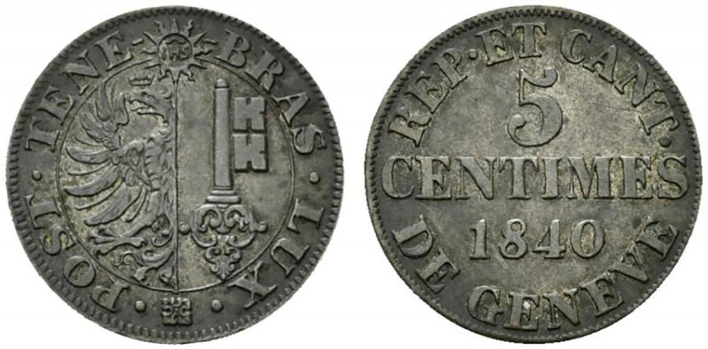 SVIZZERA. Ginevra - Geneve. 5 centesimi 1840 Stemma R/ Legenda e valore. KM 131....