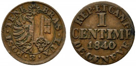 SVIZZERA. Ginevra - Geneve AE 1 Centesimo, 1840 (0.7g.). Stemma R/ Legenda e valore. KM 125, HMZ 2-370a. BB+