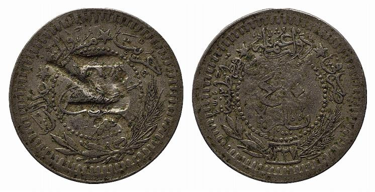 TURCHIA. Muhammad V (1909-1918). 40 para AH 1327. KM#766. Contromarca. BB