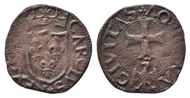 L'AQUILA. Carlo VIII di Francia (1495). Cavallo AE (0,99 g). Scudo coronato di Francia. R/croce patente ancorata. D'Andrea-Andreani 138. BB