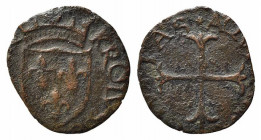 L'AQUILA. Carlo VIII di Francia (1495). Cavallo AE (0.98 g). Scudo coronato di Francia. R/croce patente tripartita. D'Andrea-Andreani 135; CNI 45. MB