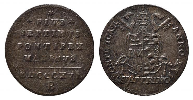 BOLOGNA. Pio VII (1800-1823). Quattrino 1816 Cu (2,02 g - 20 mm). Coniato su ton...