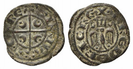 BRINDISI o MESSINA. Federico II (1197-1250). Denaro (1209-1213 coniata per le nozze con Costanza d'Aragona) Mi (0,50 g). Aquila coronata - R/croce con...