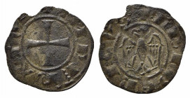 BRINDISI o MESSINA. Federico II (1197-1250). Denaro Mi (0,49 g). Aquila con ali spiegate - R/Croce patente. Sp.106 - R. BB+