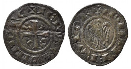 BRINDISI o MESSINA. Federico II (1197-1250). Denaro Mi (0,77 g). Aquila ad ali spiegate volta a sinistra - R/Croce patente con lettere S I C I nei qua...