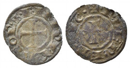 BRINDISI o MESSINA. Federico II (1197-1250). Mezzo denaro Mi (0,27 g). Croce patente - R/grande F nel campo. Sp.117. qBB