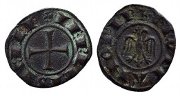 BRINDISI o MESSINA. Federico II (1197-1250). Denaro Mi (0,64 g). Aquila volta a destra - R/Croce patente. Sp.133. BB+