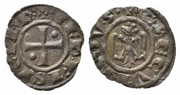 BRINDISI o MESSINA. Corrado II (1254-1258). Denaro Mi (0,49 g). Aquila coronata - R/croce con globetti nel 2° e 3° spazio. Spahr 166. BB+