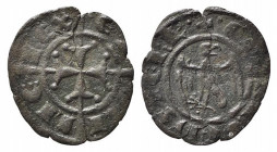BRINDISI o MESSINA. Corrado II (1254-1258). Denaro Mi (0,56 g). Aquila frontale con testa a destra - R/croce ornata di globetti sovrapposta alla croce...