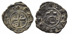 BRINDISI o MESSINA. Corrado II (1254-1258). Denaro Mi (0,92 g). Croce patente con gruppo di tre globetti nel 2° e 3° spazio - R/C sormontata da omega ...