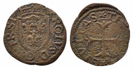 CHIETI. Carlo VIII re di Francia (1495). Cavallo AE (0,92 g). Scudo coronato di Francia. R/croce patente tripartita. D'Andrea-Andreani 10. qBB