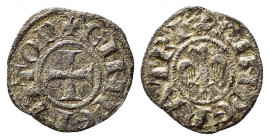 MESSINA. Enrico VI (1194-1197). Denaro (con aquila) a nome di Enrico e Costanza Mi (0,79 g). Sp. 27-28. BB+