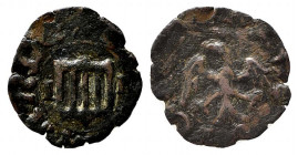 MESSINA. Ferdinando il Cattolico (1479-1516). Denaro o picciolo AE (0,55 g). Stemma con sigle I P ai lati - R/Aquila coronata ad ali aperte volta a si...