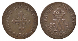 Vittorio Amedeo III. Mezzo soldo 1789 Mi (1,92 g). MIR 997/h R4. BB