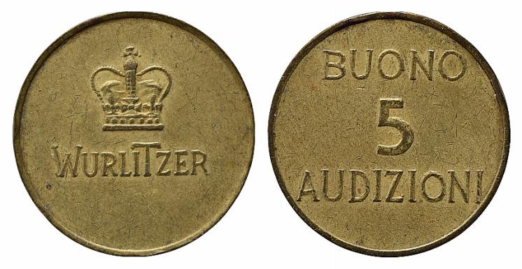 WURLITZER gettone buono da 5 audizioni. Ottone (6,37 g). BB