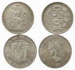 ESTERE. Lotto di 2 monete di area Sudamericana Ag modulo scudo (Panama 5 Balboas 1972 - Peru 1 sol 1924). BB-SPL