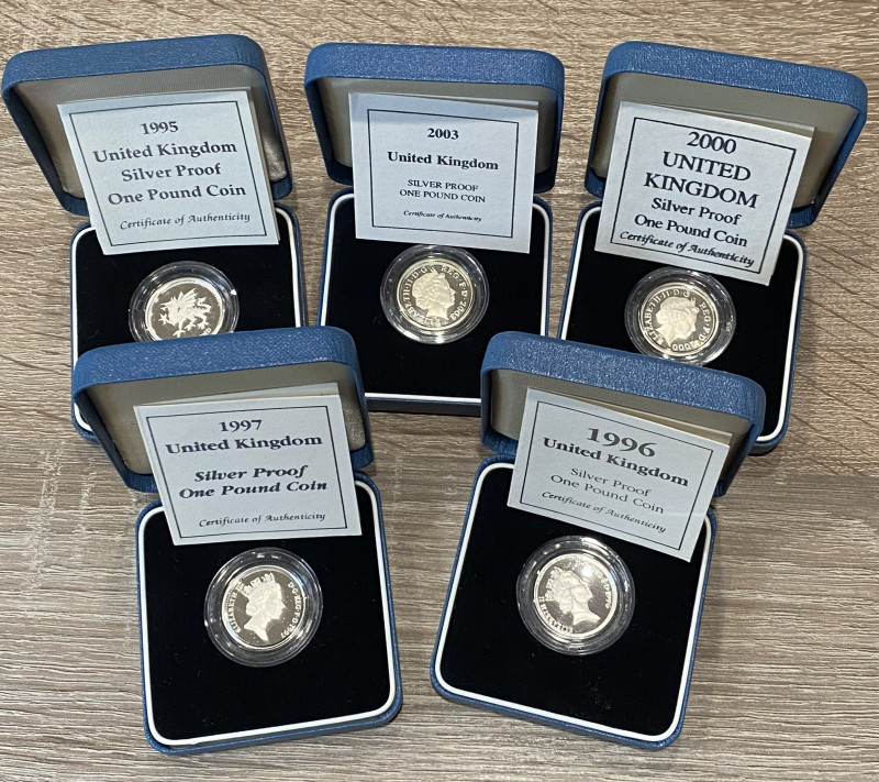 GRAN BRETAGNA. Lotto di 5 sterline in argento con cofanetti (silver pound 1995-1...