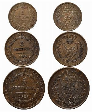 SAVOIA. Carlo Felice. Lotto di 3 monete diverse (1,3,5 1826 centesimi Regno di S...