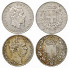SAVOIA. Lotto di 2 monete formato scudo Ag (5 lire 1872 M - 5 lire 1879). MB-BB