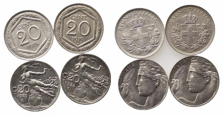 SAVOIA. Lotto di 4 monete da 20 centesimi (1918-1919-1920-1922). Conservazioni m...