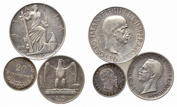 SAVOIA. Lotto di 3 monete Ag (10 lire 1936 - 5 lire 1926 - 20 centesimi 1863). C...