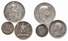 SAVOIA. Lotto di 3 monete Ag (10 lire 1936 - 5 lire 1926 - 20 centesimi 1863). Conservazioni medie BB