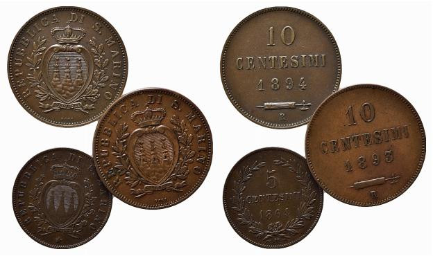 SAN MARINO. Lotto di 3 monete vecchia monetazione (5 centesimi 1864, 10 centesim...