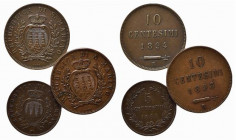 SAN MARINO. Lotto di 3 monete vecchia monetazione (5 centesimi 1864, 10 centesimi 1893, 1894). BB