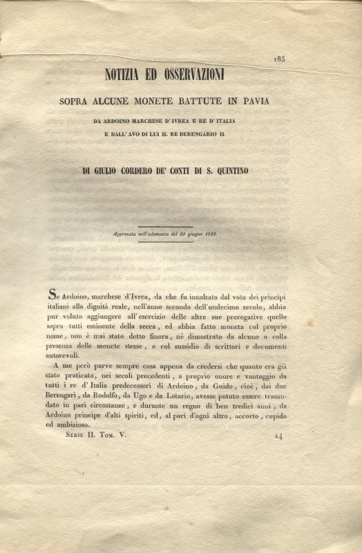 CORDERO G.di S. QUINTINO. - Notizia ed osservazioni sopra alcune monete battute ...