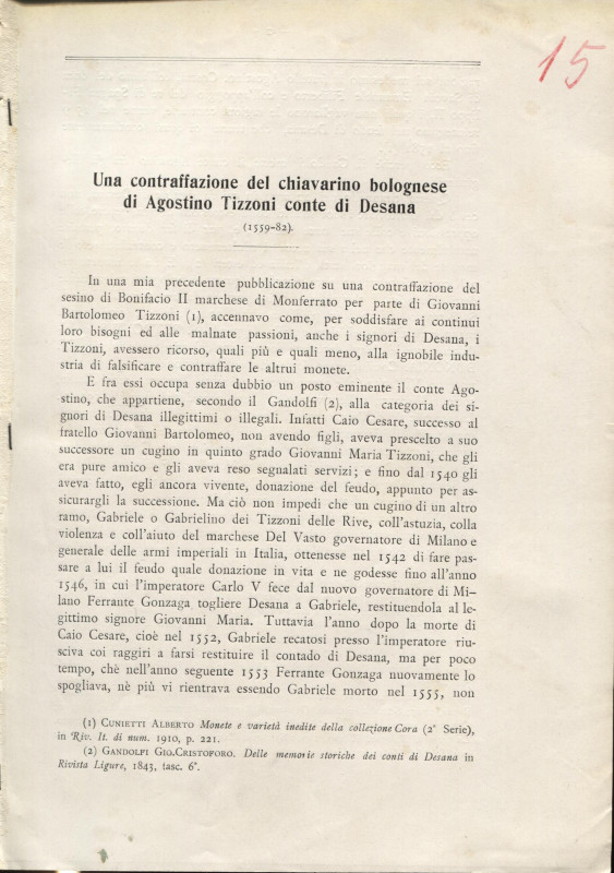 CUNIETTI - CUNIETTI A. - Una contraffazione del chiavarino bolognese di Agostino...