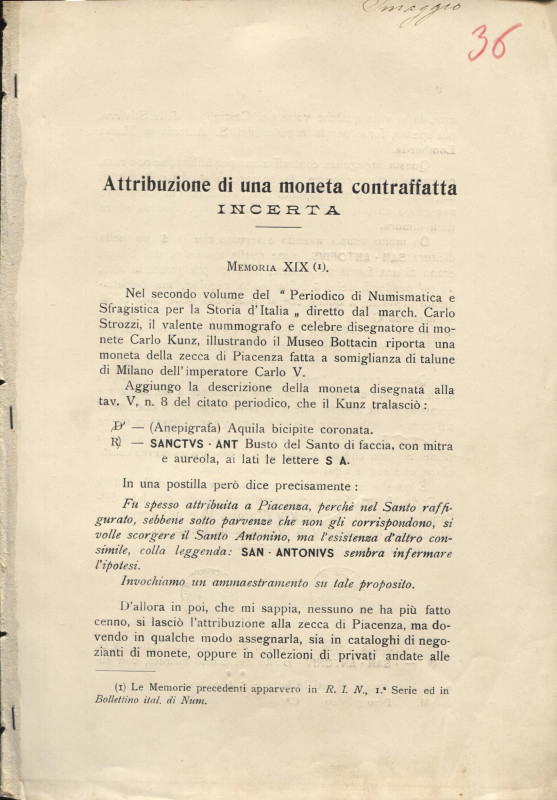 GRILLO G. - Attribuzione di una moneta contraffatta incerta. Sabbioneta. Milano,...