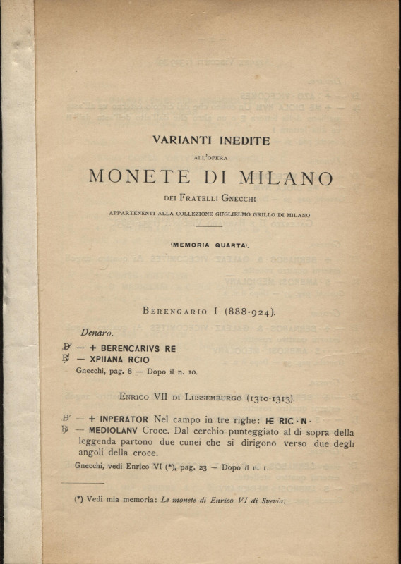 GRILLO G. - Varianti inedite all'opera Monete di Milano dei Fratelli Gnecchi, ap...