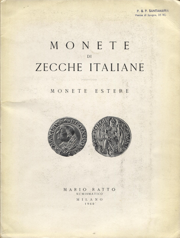 RATTO M. – Milano, 24\26 – Novembre – 1960. Monete di zecche italiane, monete es...