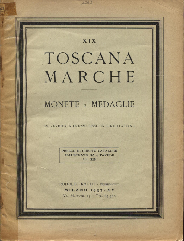 RATTO R. – Milano, 1937. Fascicolo XIX. A prezzi fissi. Toscana – Marche. Monete...