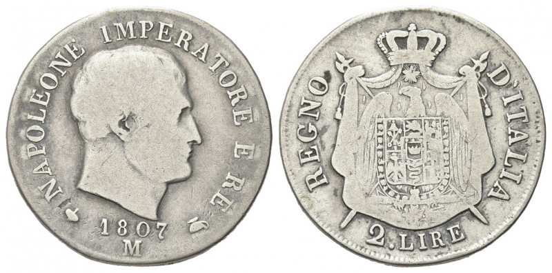 MILANO
Napoleone I Re d’Italia, 1805-1814. 2 Lire 1807 cifre spaziate.
Ag gr. ...