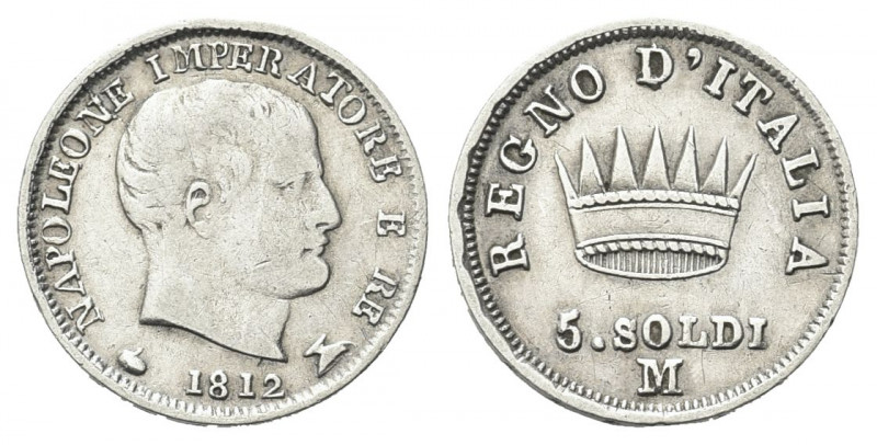 MILANO
Napoleone I Re d'Italia, 1805-1814. 5 Soldi 1812.
Ag gr. 1,21
Dr. Test...