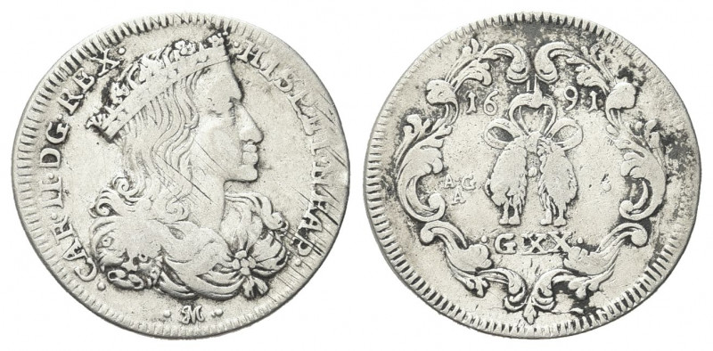 NAPOLI
Carlo II di Spagna, Re di Napoli e Sicilia, 1665-1700. Tarì 1691.
Ag gr...