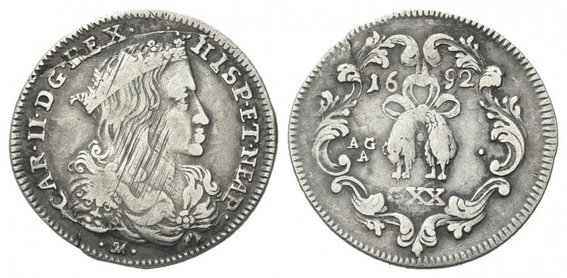 NAPOLI
Carlo II di Spagna, Re di Napoli e Sicilia, 1665-1700. Tarì 1692.
Ag gr...