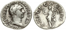 Roman Empire 1 Denarius (98-99) Traianus 98-117. Rome. Obverse: IMP CAES NERVA TRAIAN AVG GERM; laureate head right. Reverse: P M TR POT COS II; Pax s...
