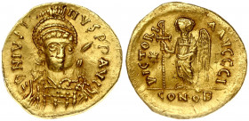 Byzantine Empire 1 Solidus (518-527) Justin I (518-527) Obverse: Helmeted and cuirassed bust facing three-quarters to right; holding spear over should...