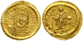 Byzantine Empire 1 Solidus (527-565) Justinian I (527-565). Obverse: Helmeted and cuirassed bust facing; holding cross on globe and shield. Lettering:...