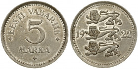 Estonia 5 Marka 1922 Obverse: Three leopards left divide date. Reverse: Denomination. Edge Description: Milled. Copper-Nickel. KM 3